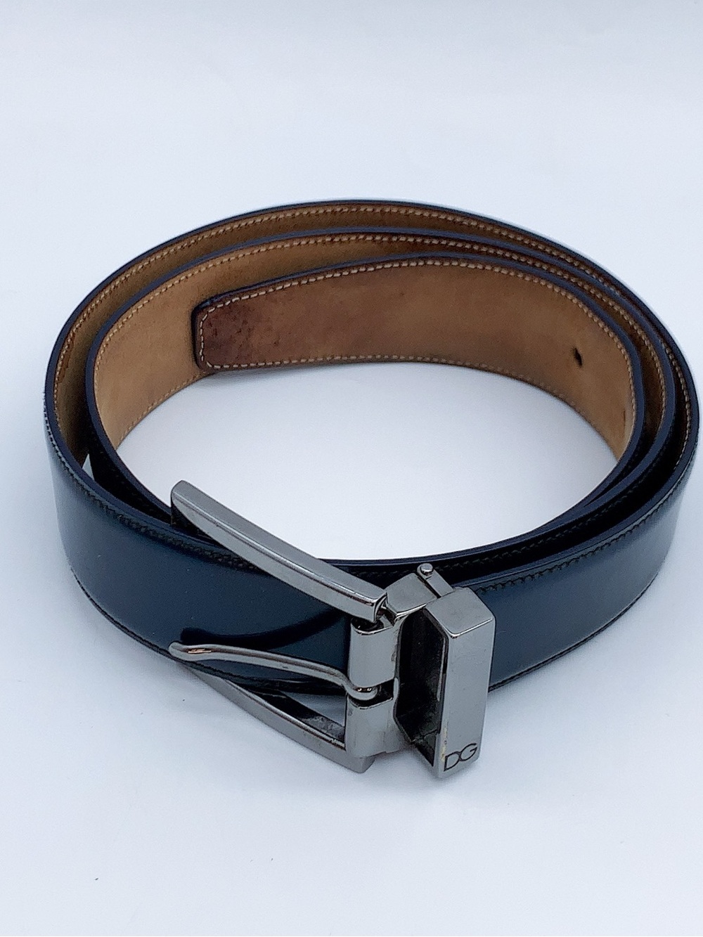 Dolce & Gabbana Silver Buckle Leather Belt in Navy Blue